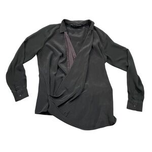 All Saints 8 Black Blouse Cross Body 100% Silk Purple Trim Long Sleeves‎